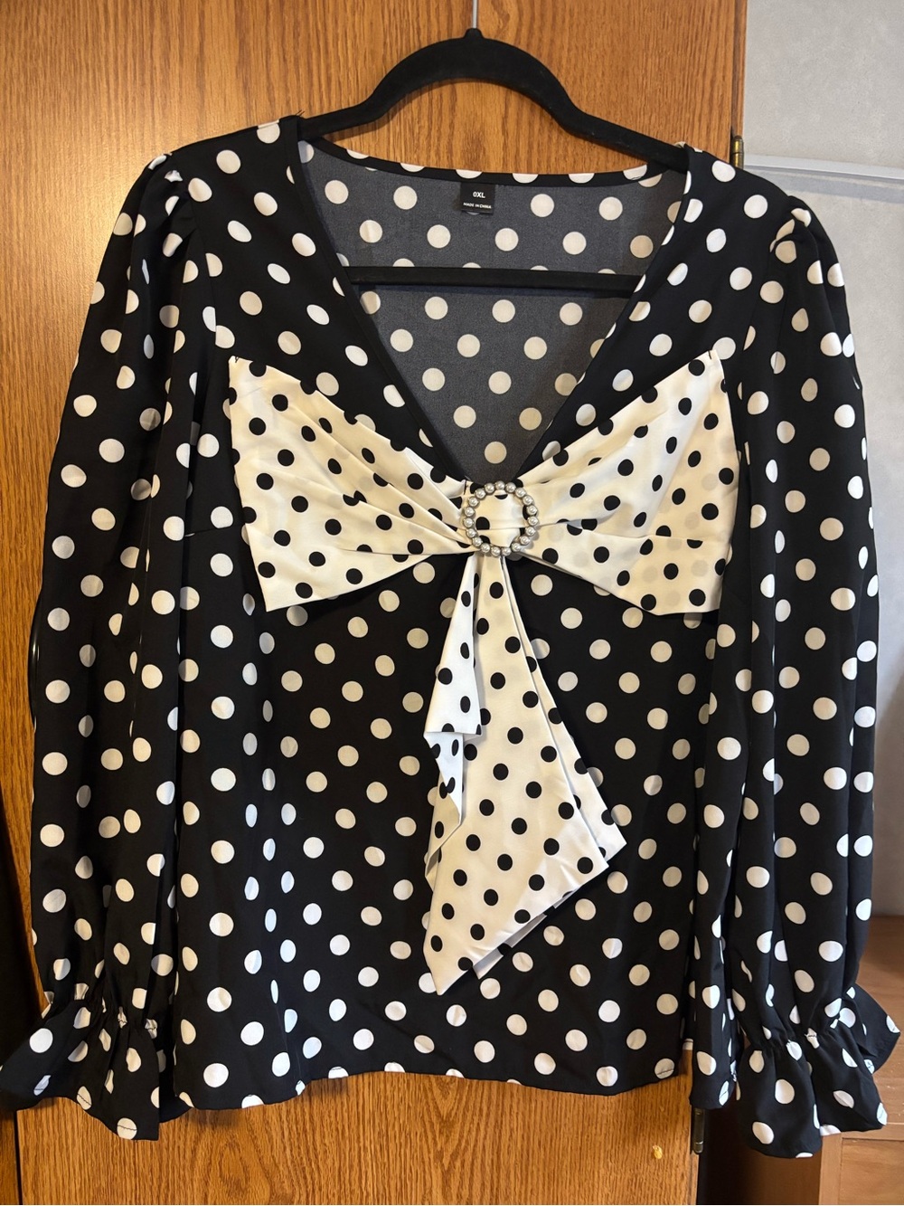Women Black and White Polka Dot Bow Front blouse